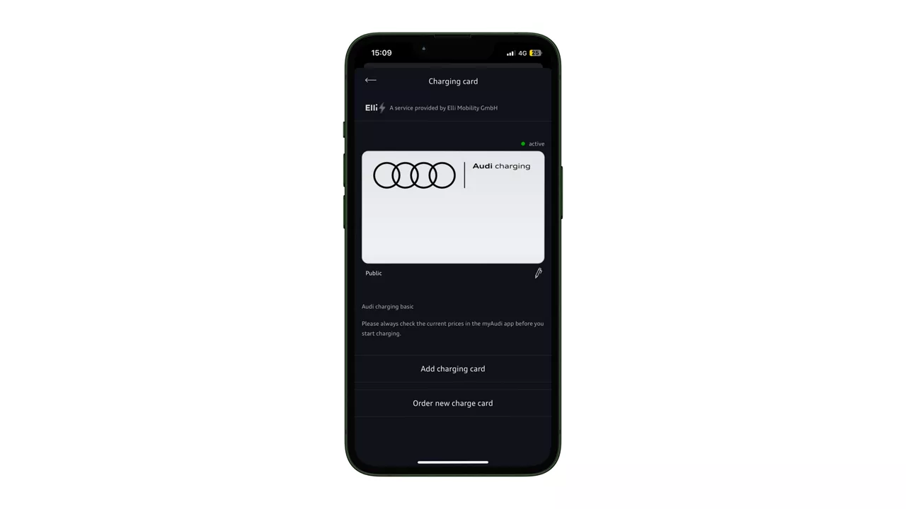 Mobile phone with the MyAudi app displayed on screen