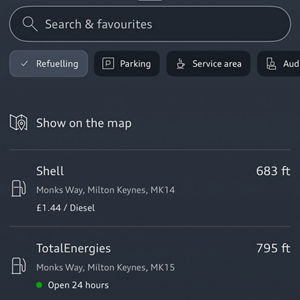 Fuel station listings display distances and prices: Shell at 694 ft, TotalEnergies 804 ft open 24h, and Welcome Break at 1 mi. Diesel prices vary.