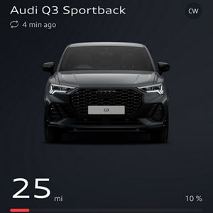 Front view of a black SUV on a white background. Text shows "30 mi Range" and "Fuel tank level Low," highlighting low fuel status.