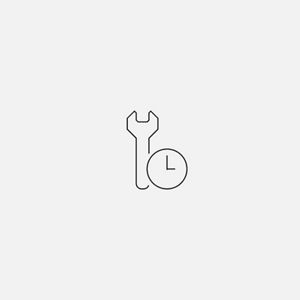 A plain drawing with thin black lines of a wrench and a clock next to each other