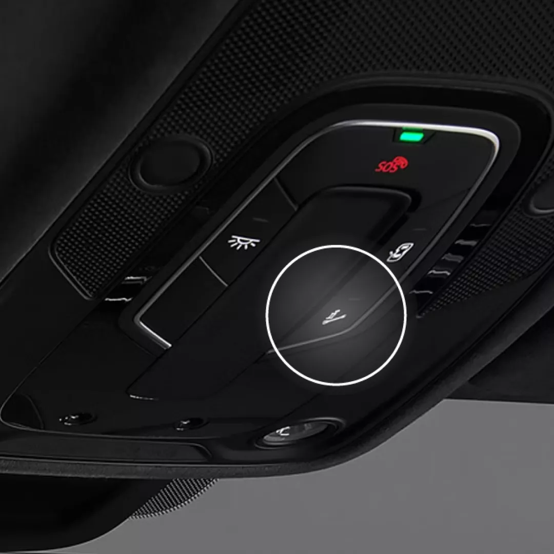 Close-up of a car's overhead control panel, highlighting a button with a microphone icon, used for voice commands or calls.