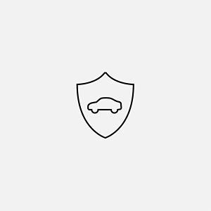 Outline of a car inside a shield symbol on a plain light grey background, suggesting concepts of vehicle protection or insurance. Minimalist design.