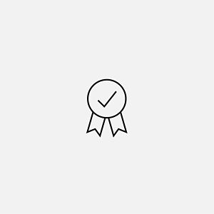 A minimalist badge icon shows a circular emblem with a check mark inside and two ribbon tails below, symbolising approval or certification on a pale grey background.