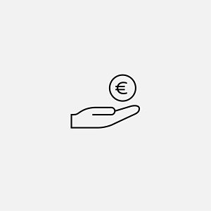 A minimalist illustration of an outstretched hand holding a Euro coin. The image conveys themes of finance, giving, or receiving money on a light grey background.