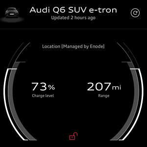 Audi Q6 SUV e-tron display shows 73% charge with 207-mile range, updated 2 hours ago. Minimalist design with open lock icon at bottom.