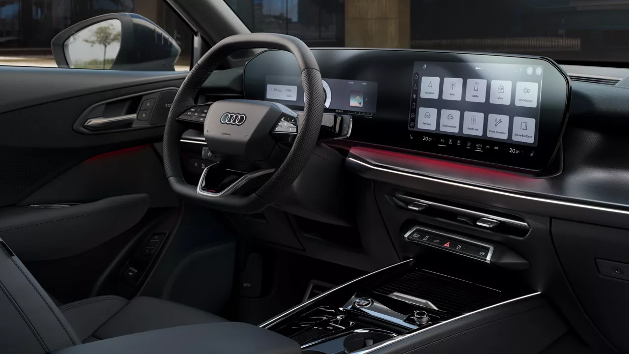 Das Cockpit mit Fokus auf Lenkrad, Panoramadisplay und Ambient-Lichtpaket