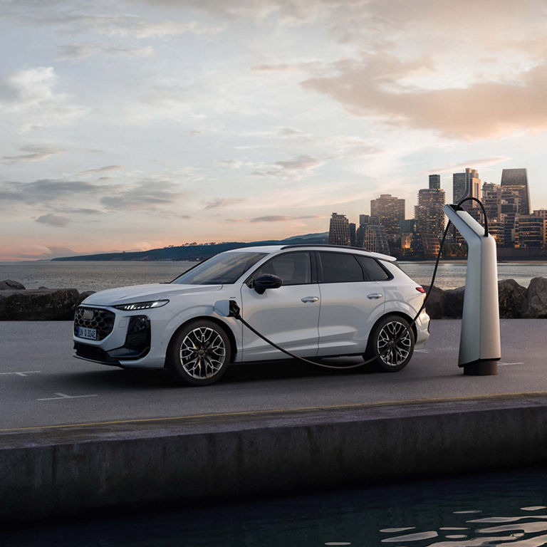 Audi Q3 SUV e-hybrid mit zwei Personen, die mit ihrem Handy ein Foto machen. Es steht seitlich vor dem Wasser und lädt