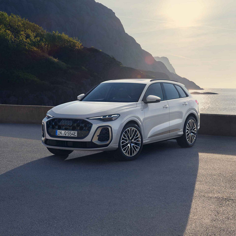 Audi Q5 SUV e-hybrid Seitlichfrontansicht auf einem Parkplatz im Sonnenuntergang am Wasser