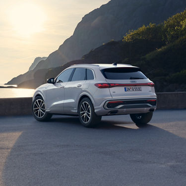Audi Q5 SUV e-hybrid Heckansicht am Wasser bei einem Sonnenuntergang