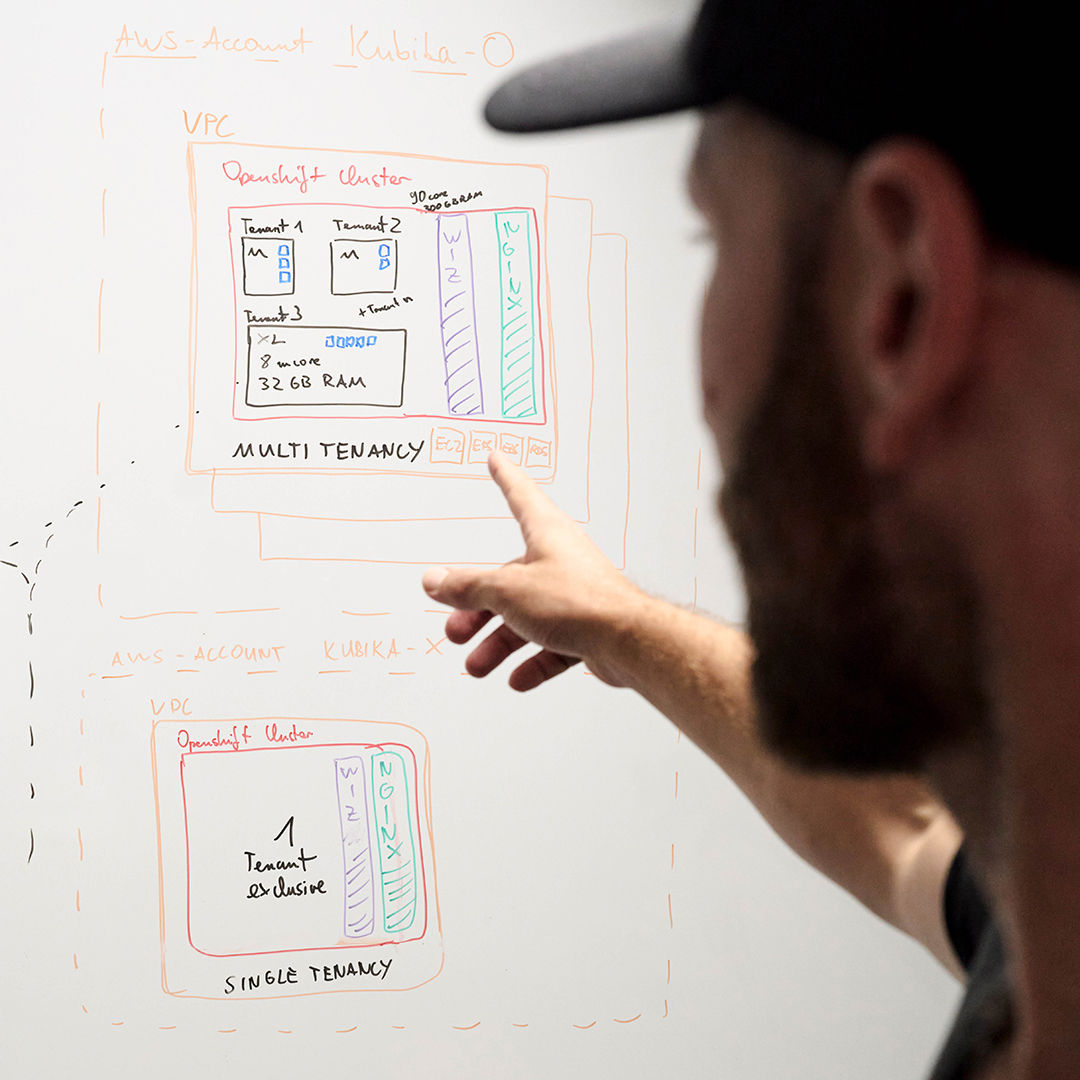 Sebastian Kister points to notes on a whiteboard.