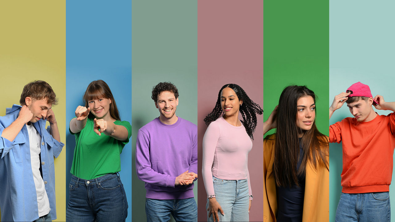 A group of young people stand next to each other in front of different colors in a montage