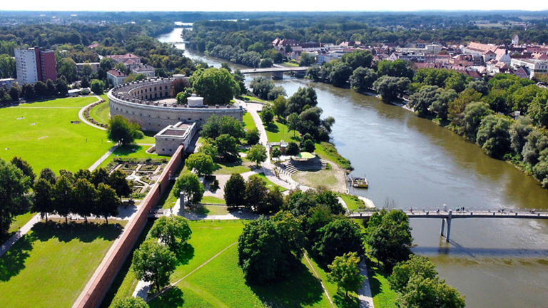 Bird's-eye view of the river and bridge in Ingolstadt
