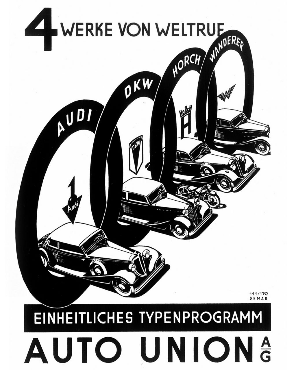 Eine Zeitungsanzeige der Auto Union über den Zusammenschluss im Jahr 1932