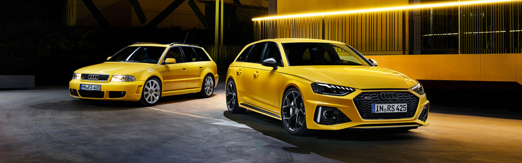 Audi RS 4 Avant edition 25 years: Combined fuel consumption in l/100 km: 9.9; combined CO₂ emissions in g/km: 225–224; CO₂ class: G (right vehicle).