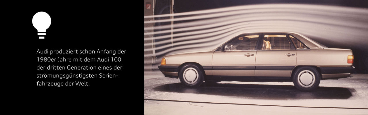 Audi fakt: Audi produziert schon Anfang der 1980er Jahre mit dem Audi 100 der dritten Generation eines der strömungsgünstigsten Serien-fahrzeuge der Welt.