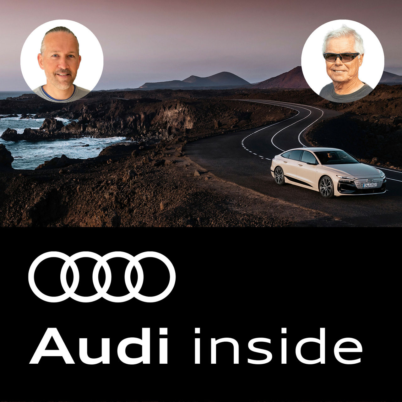 Ein weißer Audi A6 Sportback e-tron performance fährt auf einer dunklen Straße am Meer