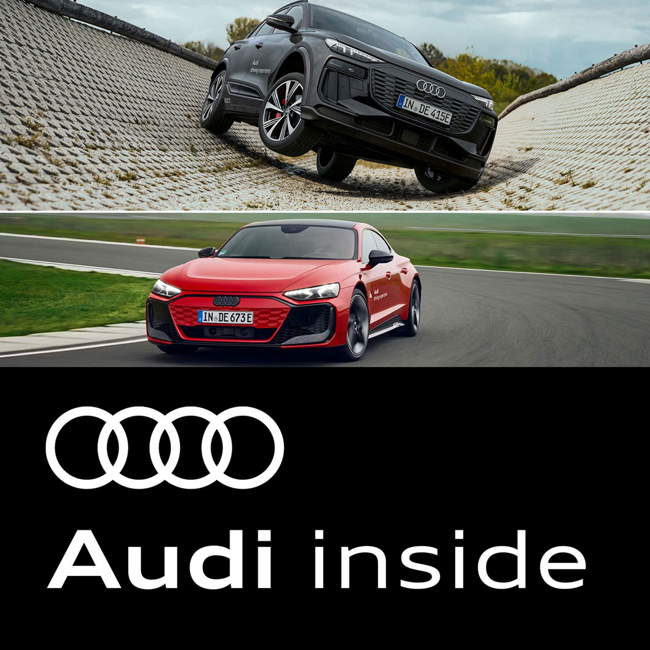 Kollage eines schwarzen Audi SUV, der auf drei Rädern in einer halben Röhre steht. Darunter fährt ein roter Audi RS e-tron GT durch eine Kurve auf einer Rennstrecke.