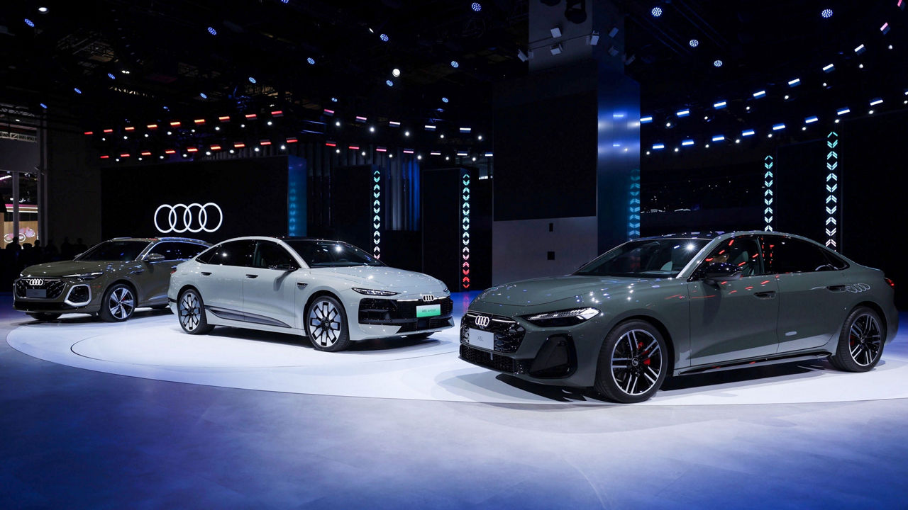 Audi Q5L, Audi A6L e-tron und ein A5L auf dem Messestand der Auto Shanghai