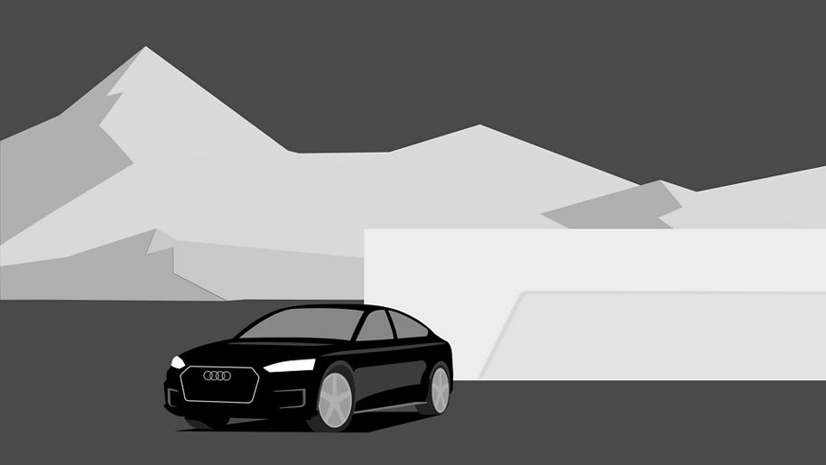 Illustration eines schwarzen Fahrzeugs vor einer Bergkulisse 