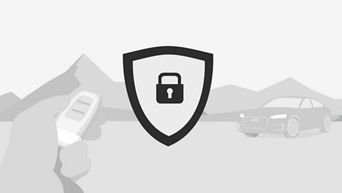 Black and white graphic of an emblem with a padlock symbol. Behind it, a hand with an electronic vehicle key and a vehicle in front of a mountain backdrop.