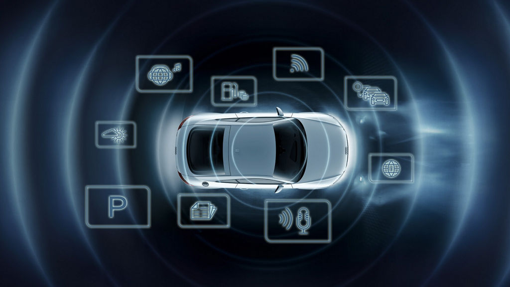 Illustration of a vehicle amidst floating icons