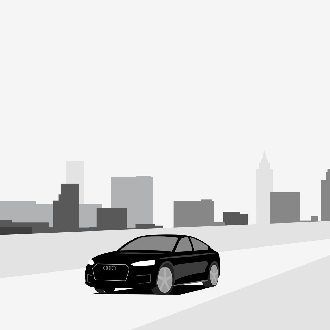 Illustration eines schwarzen Fahrzeugs vor einer Stadtkulisse 
