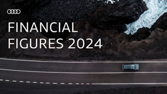 A bird's eye view of an Audi model. The picture shows the Audi rings and the inscription “Financial figures 2024”