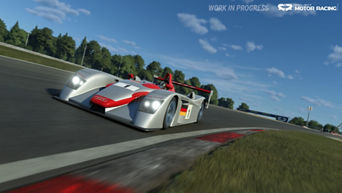 The Audi R8 LeMans prototype drives around a race track