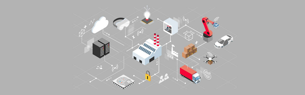 Isometric representation of a smart factory with various networked technologies