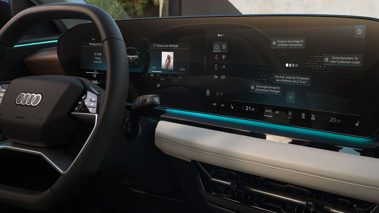 The MMI in the Audi dashboard displays the Audi Assistant on the screen. Text buttons show the assistant's options and suggestions.