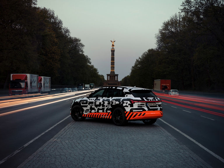 Audi e-tron prototype in front of the "Siegessäule" in Berlin, Germany.