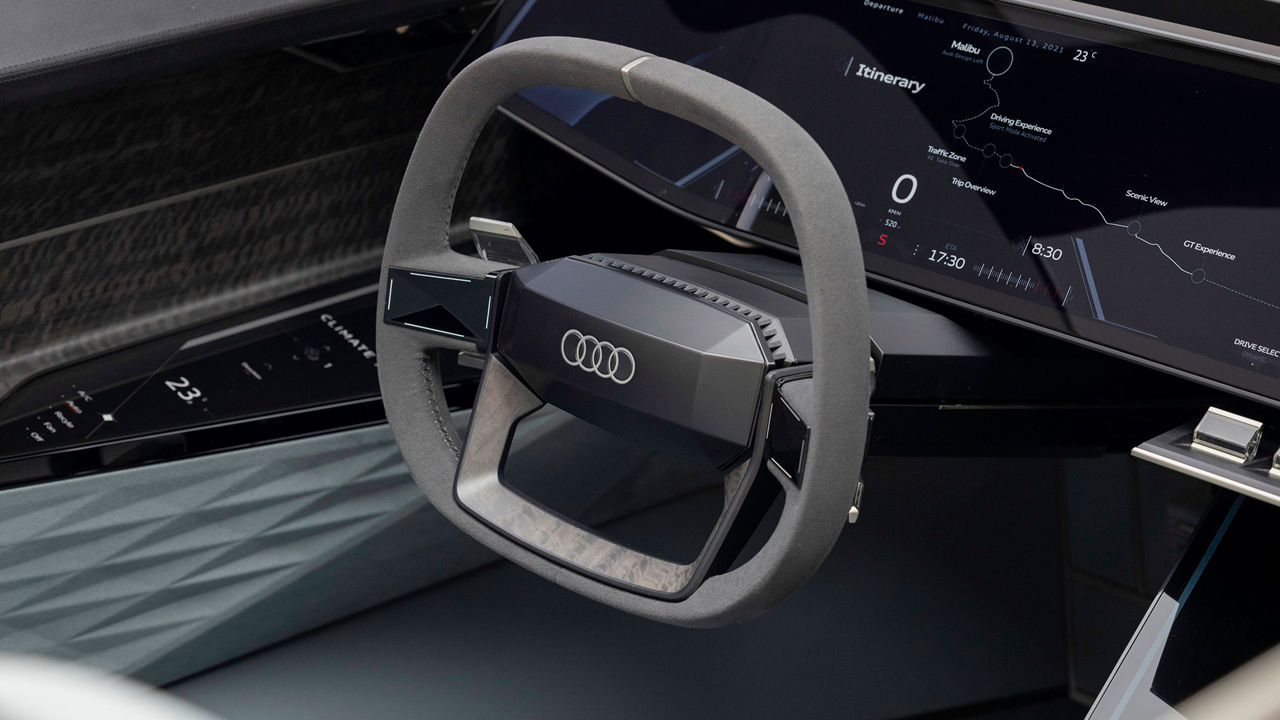 Cockpit of an Audi concept car with large display in the dashboard