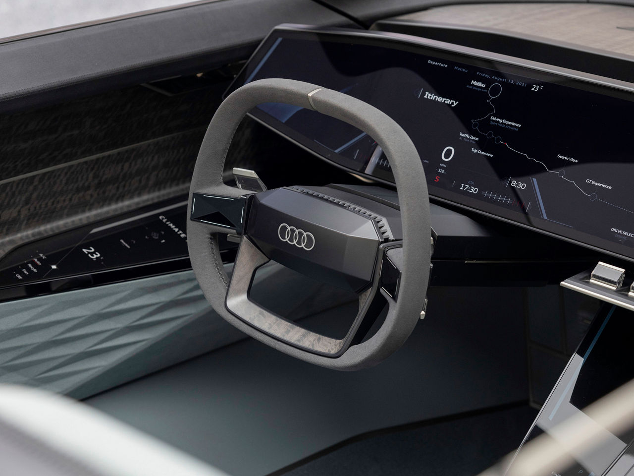 Cockpit of an Audi concept car with large display in the dashboard