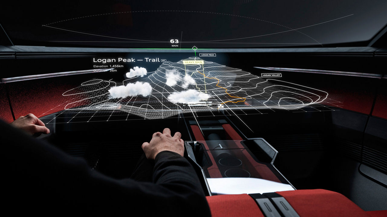 Ein futuristisches Heads-up Display zeigt eine Routenplanung in 3D mit Wetterdaten und weiteren Informationen.