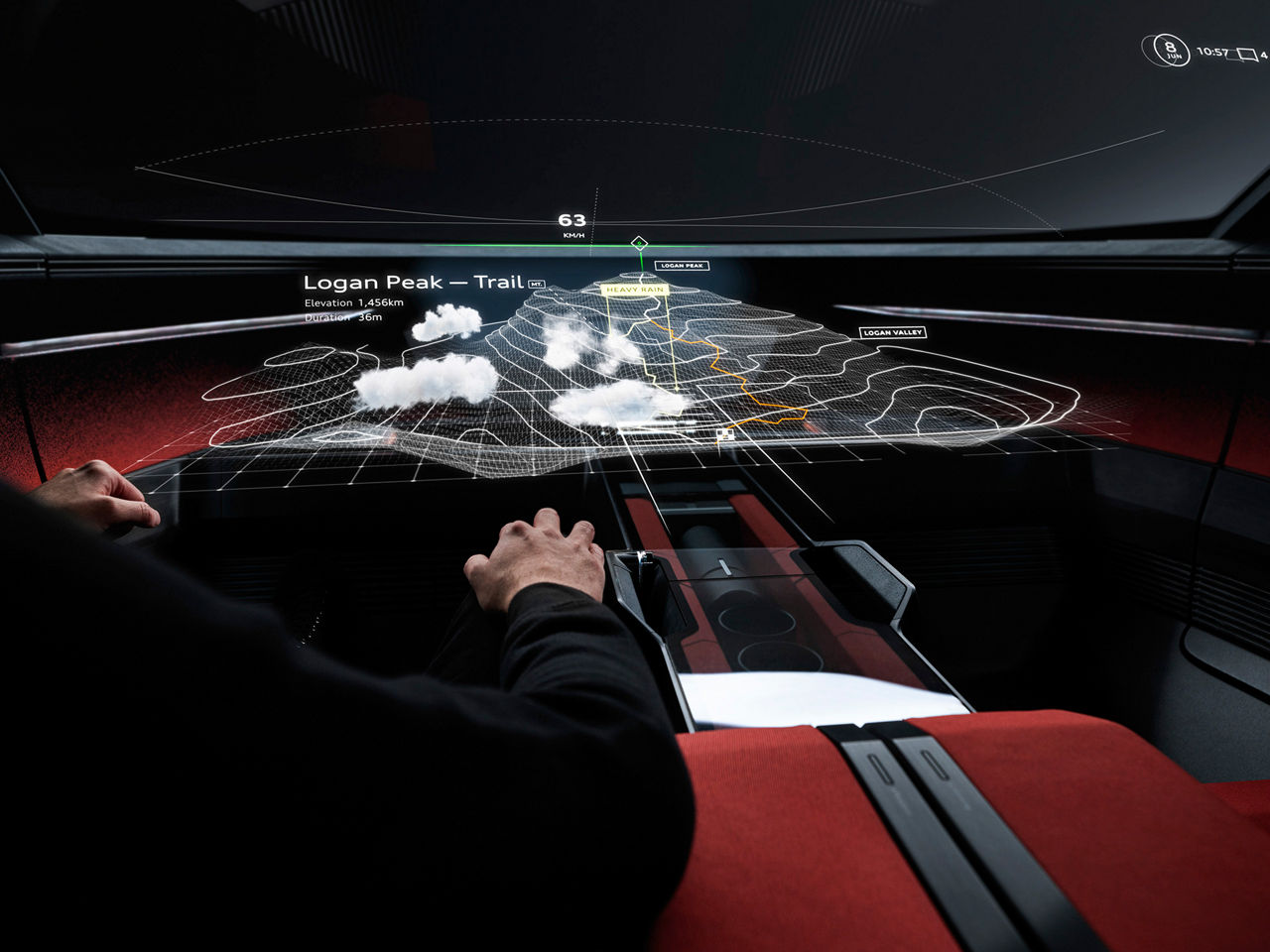 A futuristic heads-up display shows route planning in 3D with weather data and other information.