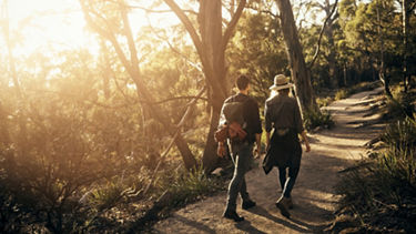 Two people walk through the forest