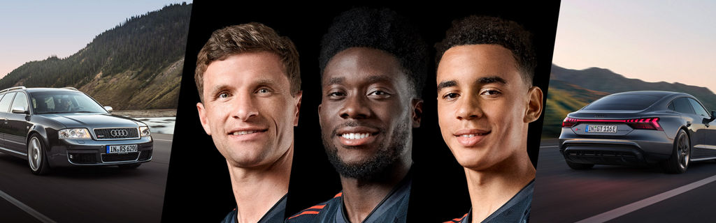 Kollage mit Thomas Müller, Alphonso Davies und Jamal Musiala
