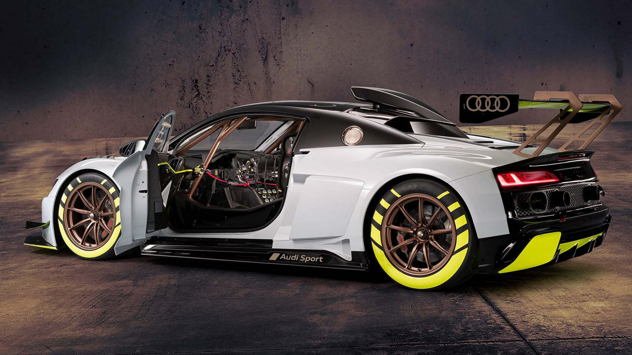 A picture showing the Audi R8 LMS GT2 race car on display.