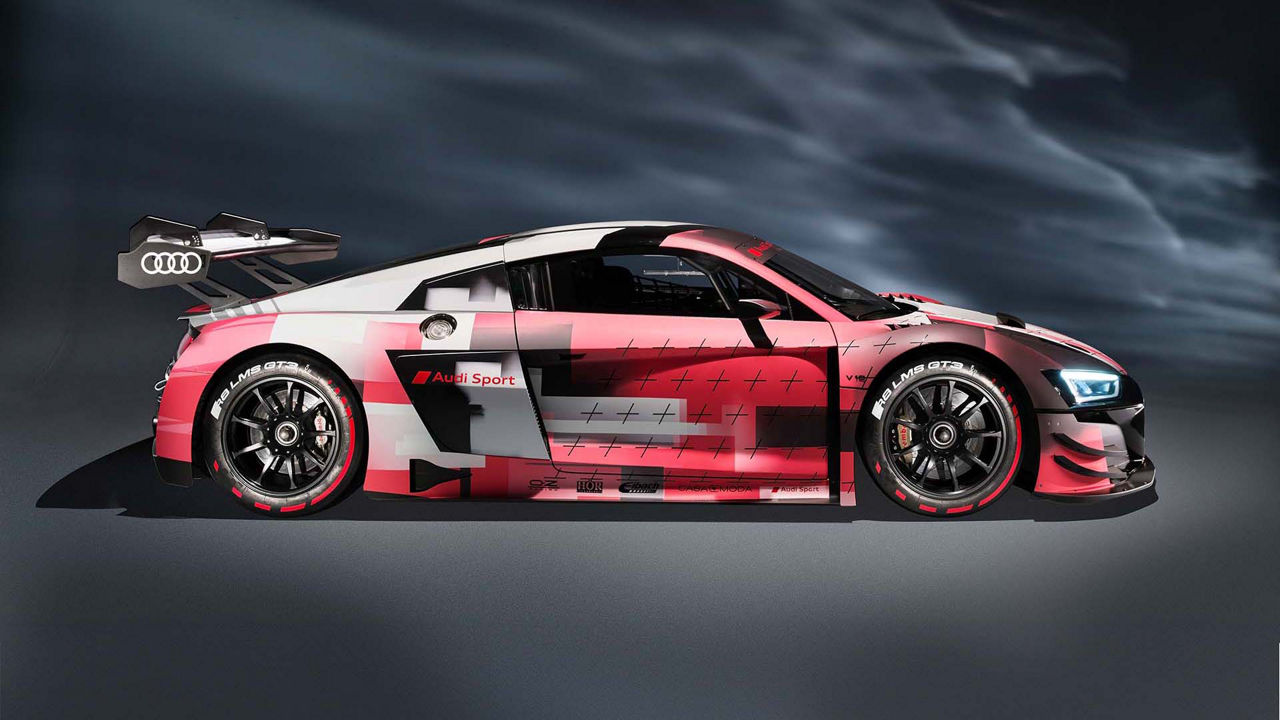 A picture showing the Audi R8 LMS GT3 race car on display.