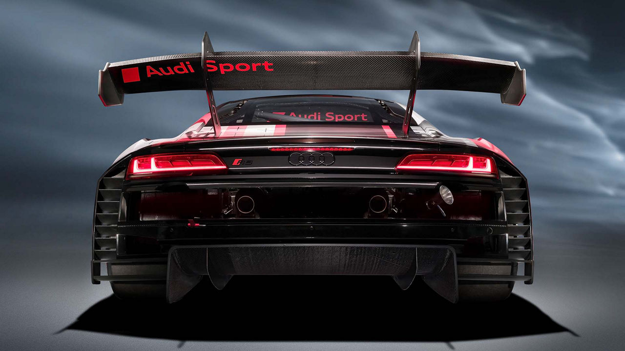 A picture showing the Audi R8 LMS GT3 race car on display.