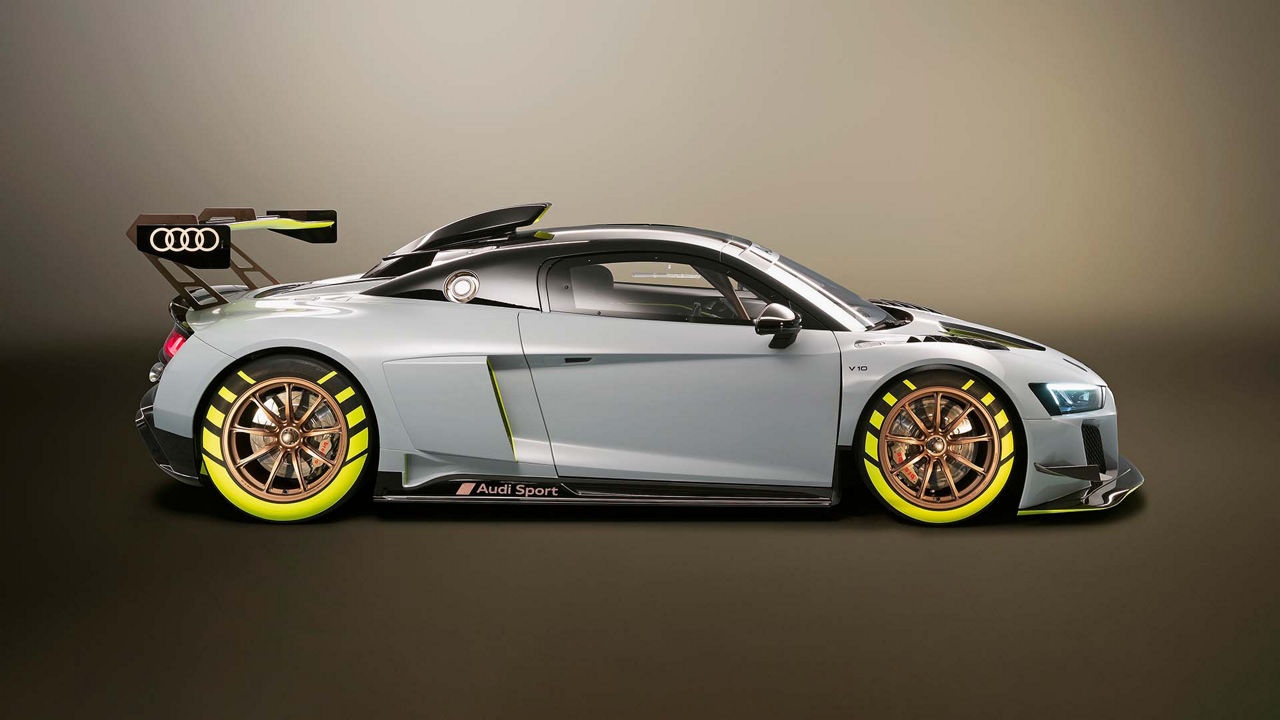 A picture showing the Audi R8 LMS GT2 race car on display.
