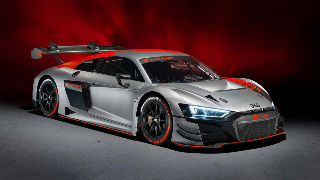 A picture showing the Audi R8 LMS GT3 race car on display.