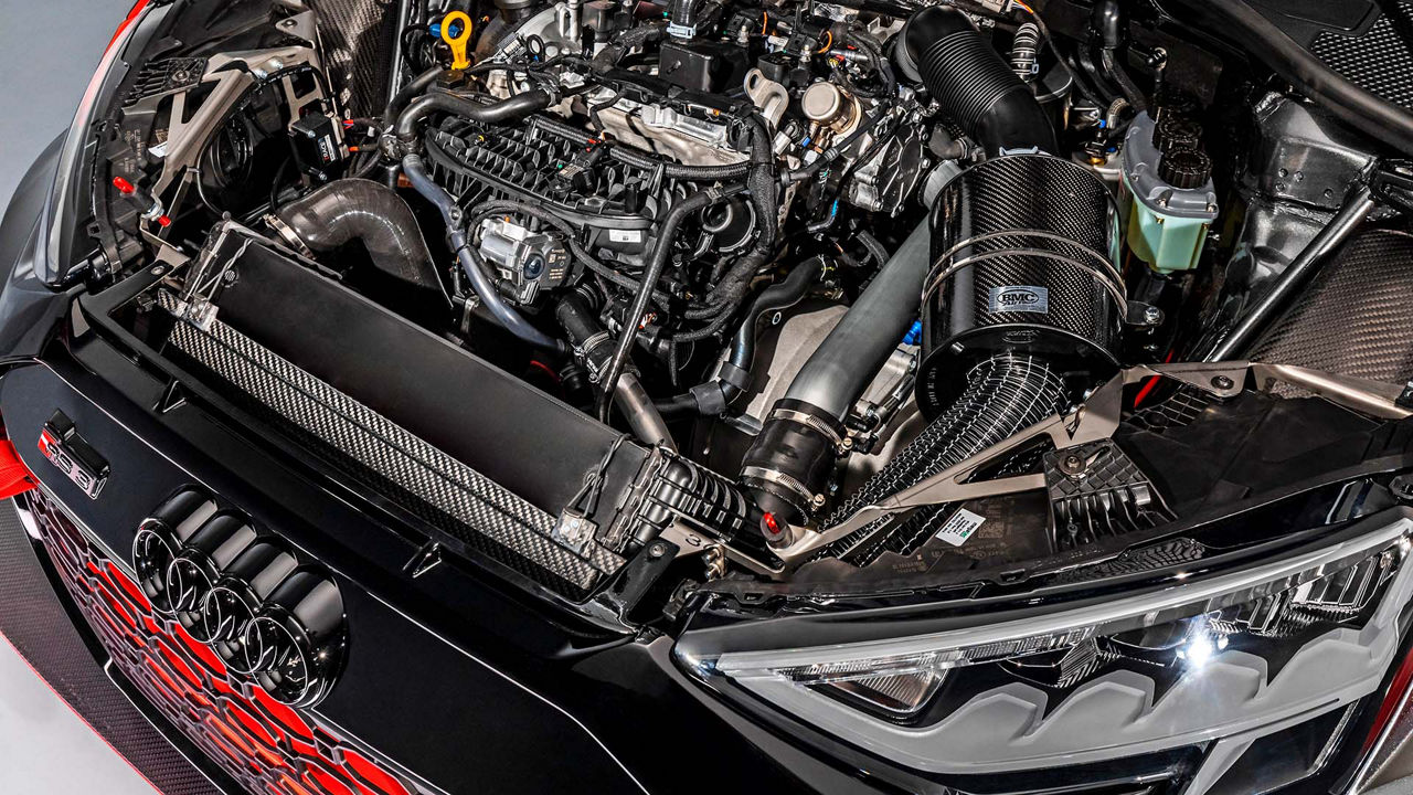 A picture showing the engine of the Audi RS 3 LMS race car.