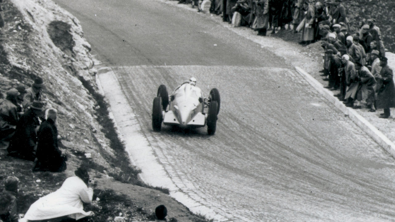 A picture of an Auto Union hill climb car in Austria in 1938.