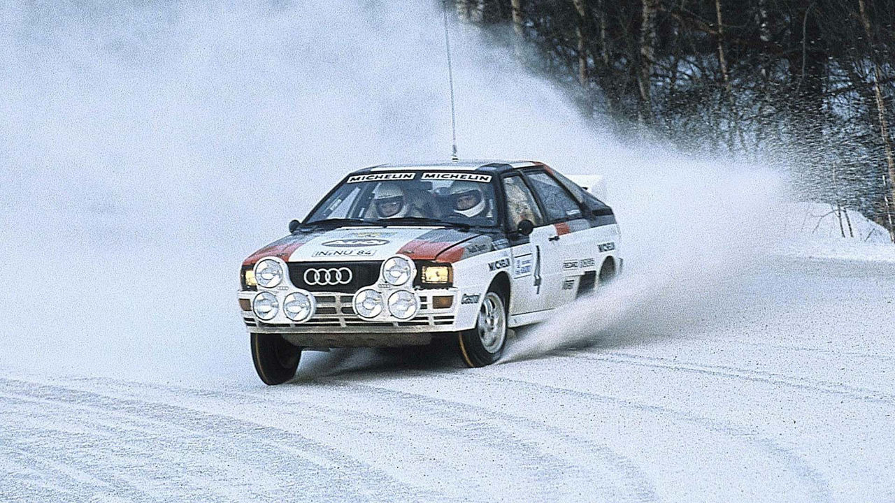 A picture showing an Audi quattro A1 rally car on snow in Sweden in 1983.