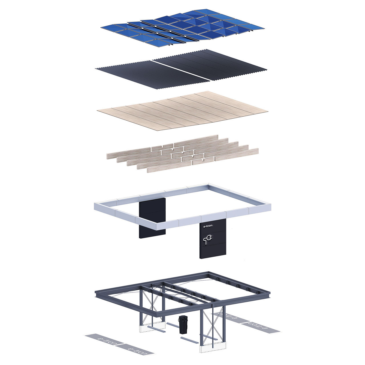 Komponenten von Solar-Carports in einer Grafik dargestellt