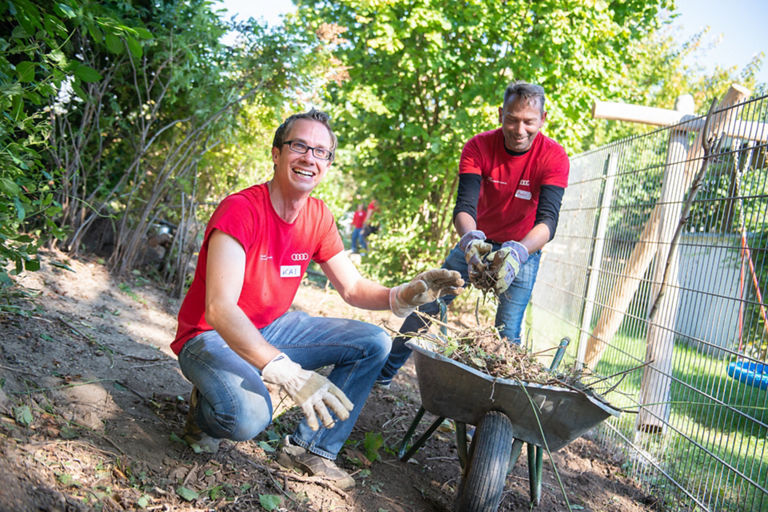 Two men working on the forest floor next to a wheelbarrow