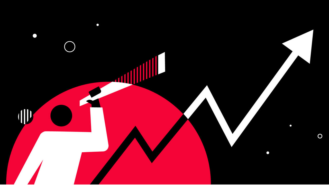 Illustration of a figure looking at the sky through binoculars and a chart pointing upwards.