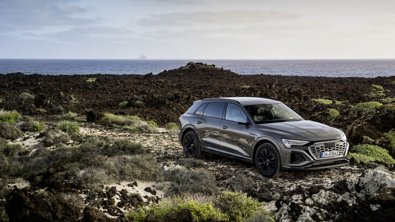 Audi Q8 e-tron on a mountain with green plants
