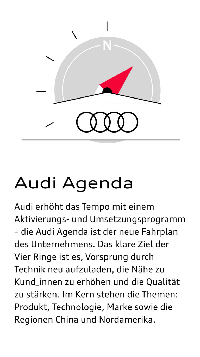 Illustration von einem Kompass über den Audi Ringen neben diesem Text zur Audi Agenda: Audi erhöht das Tempo mit einem Aktivierungs- und Umsetzungsprogramm – die Audi Agenda ist der neue Fahrplan des Unternehmens. Das klare Ziel der Vier Ringe ist es, Vorsprung durch Technik neu aufzuladen, die Nähe zu Kund_innen zu erhöhen und die Qualität zu stärken. Im Kern stehen die Themen: Produkt, Technologie, Marke sowie die Regionen China und Nordamerika.